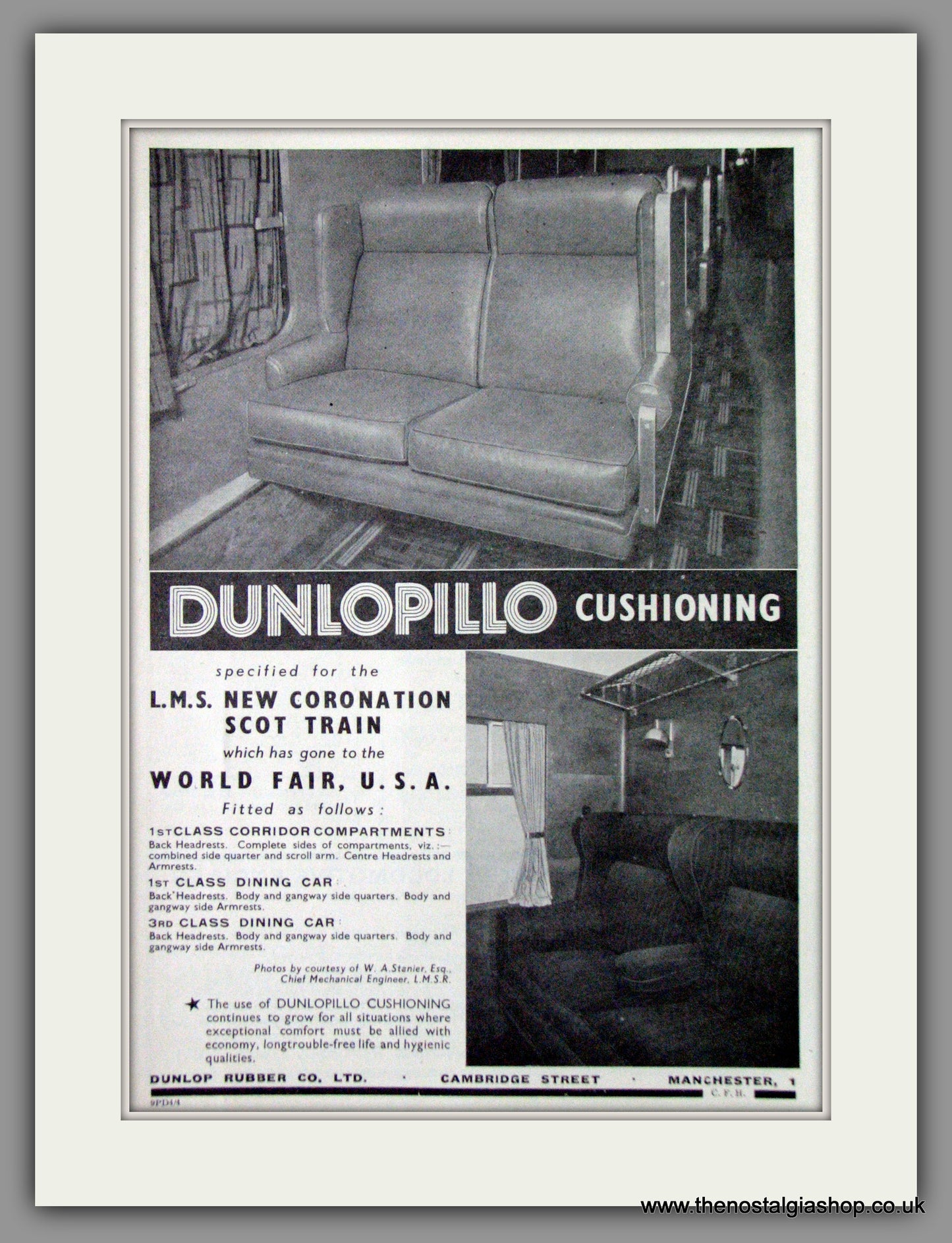 Dunlopillo Cushioning for Railway Seats. Original Advert 1939 (ref AD53214)
