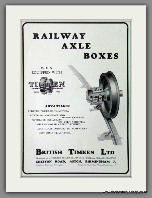 British Timkin Railway Axle Boxes. Original Advert 1933 (ref AD53300)