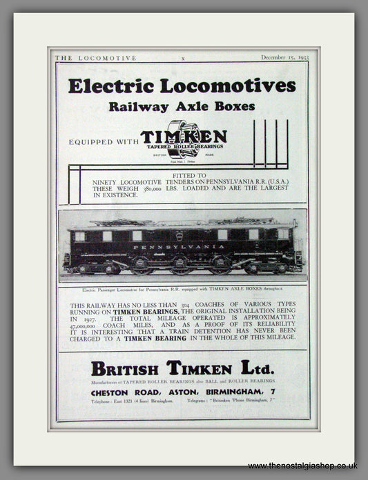 British Timkin Railway Axle Boxes for Electric Locomotives. Original Advert 1933 (ref AD53301)