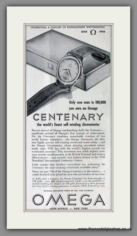 Omega Centenary Watch. Original Advert 1948 (ref AD53396)