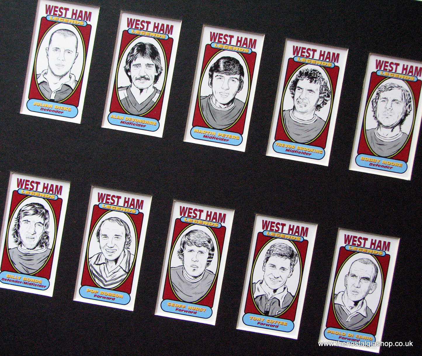 West Ham Legends. Mounted Football Card Set