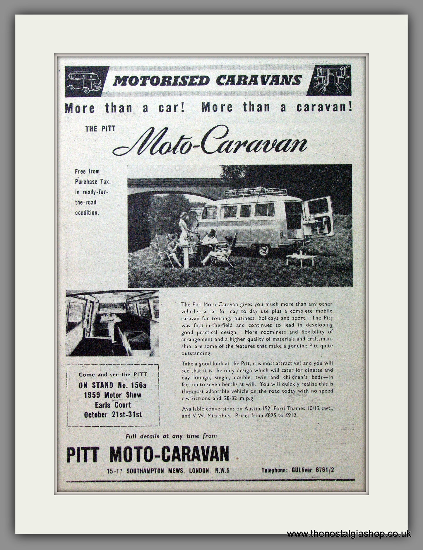 Pitt Moto-Caravan. 1959 Original Advert (ref AD53995)