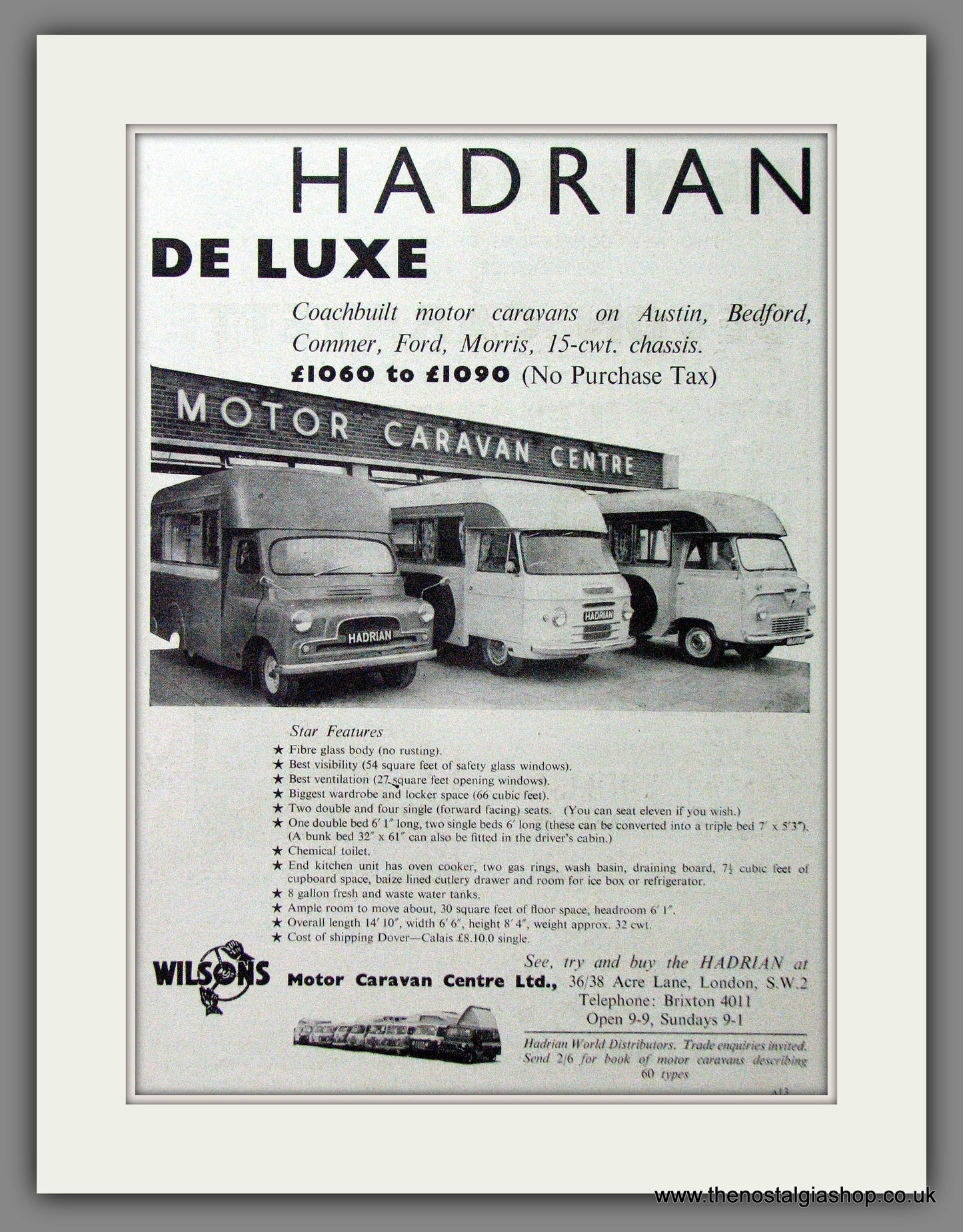 Wilsons Motor Caravan Centre. Hadrian De Luxe. 1962 Original Advert (ref AD53993)