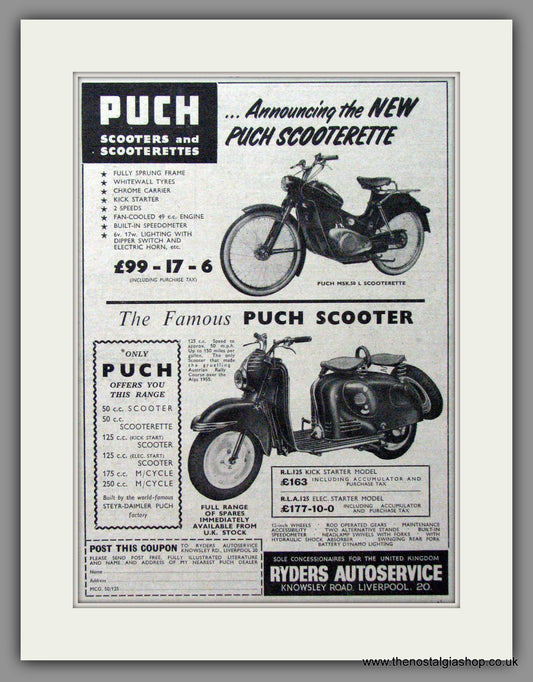 Puch RL 125cc Scooter, and Puch Scooterette. Original Advert 1956 (ref AD54039)
