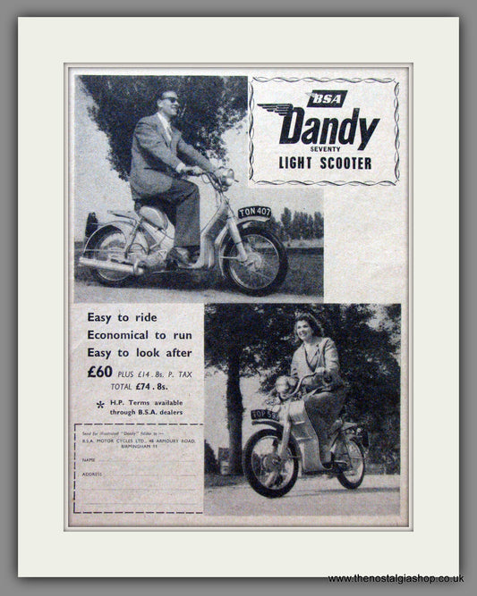 BSA Dandy 70 Light Scooter. Original Advert 1956 (ref AD54182)
