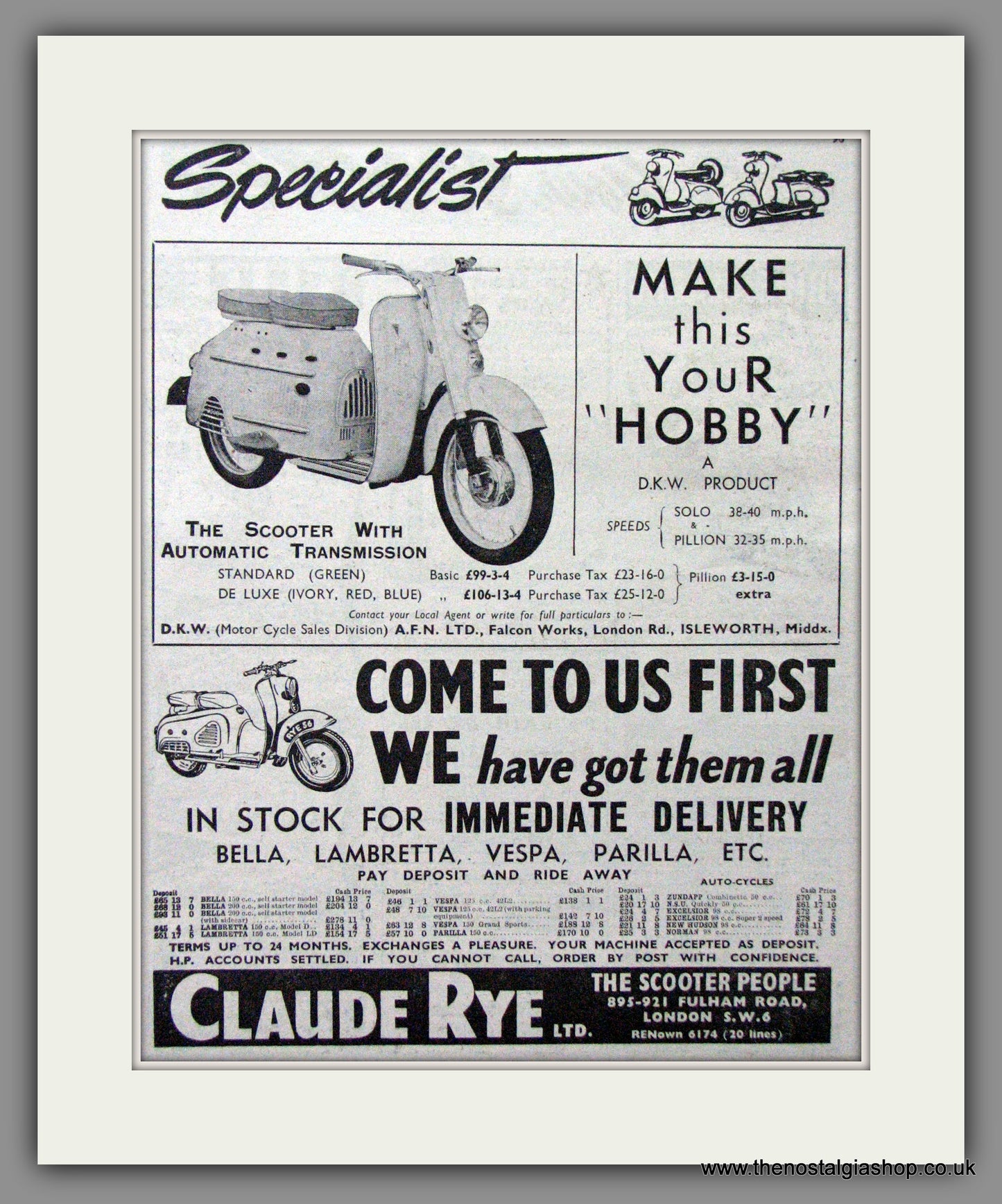 D.K.W. Scooter. Original Advert 1955 (ref AD54221)