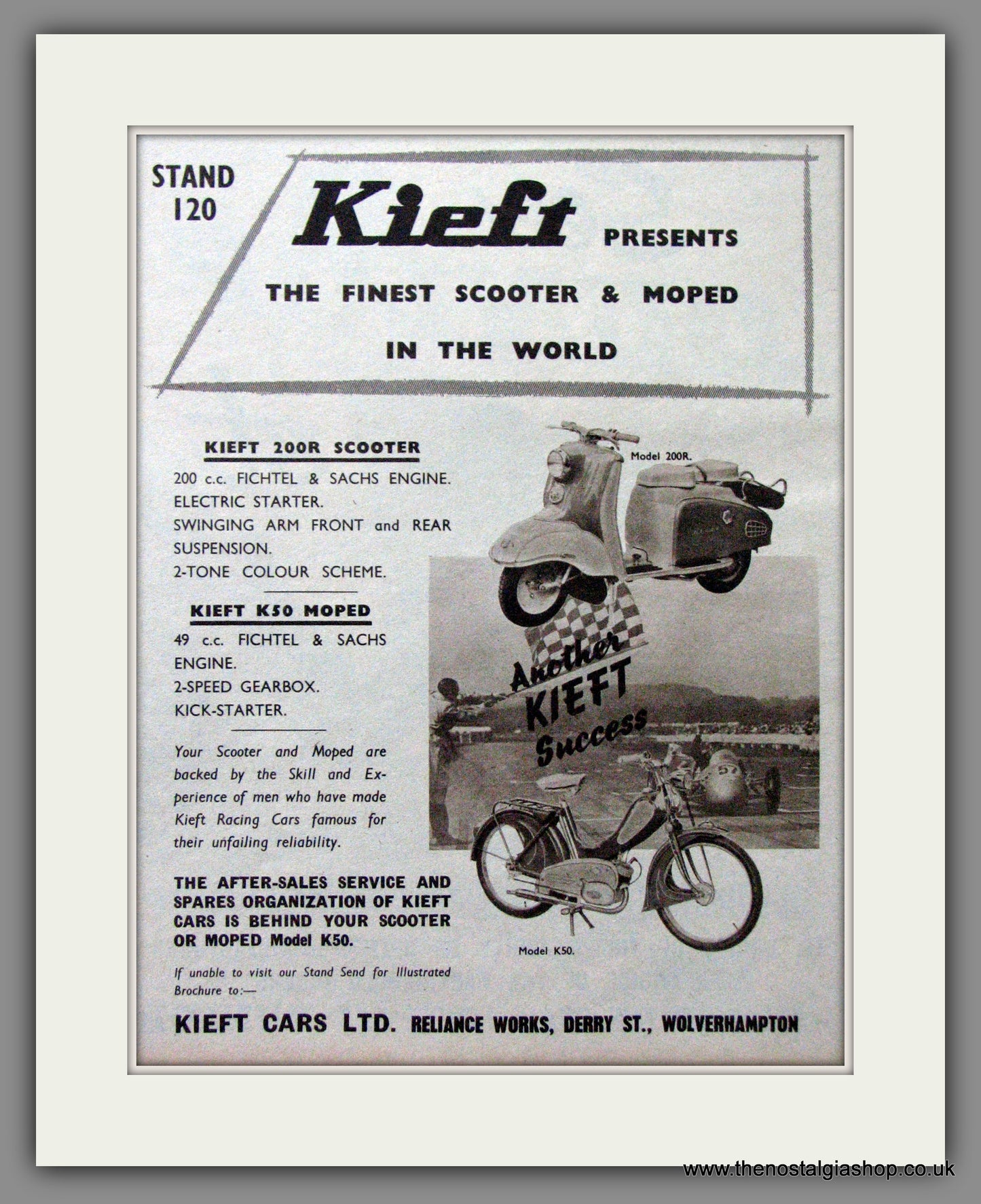 Kieft 200R Scooter and K50 Moped. Original Advert 1955 (ref AD54222)