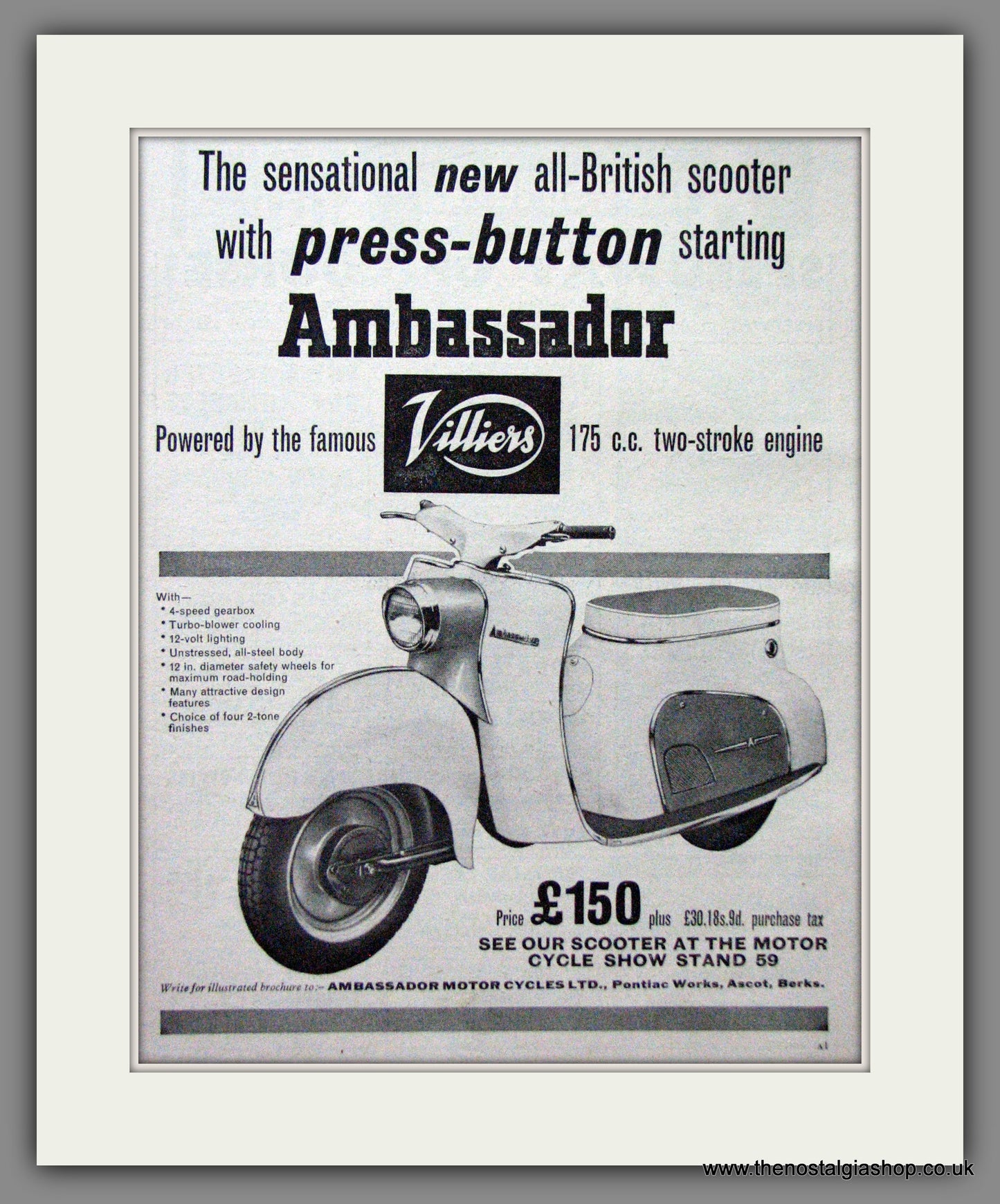 Ambassador Scooter with Villiers Engine. Original Advert 1960 (ref AD54237)