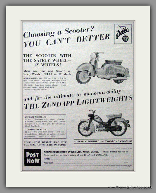 Bella and Zundapp Scooters. Original Advert 1960 (ref AD54241)