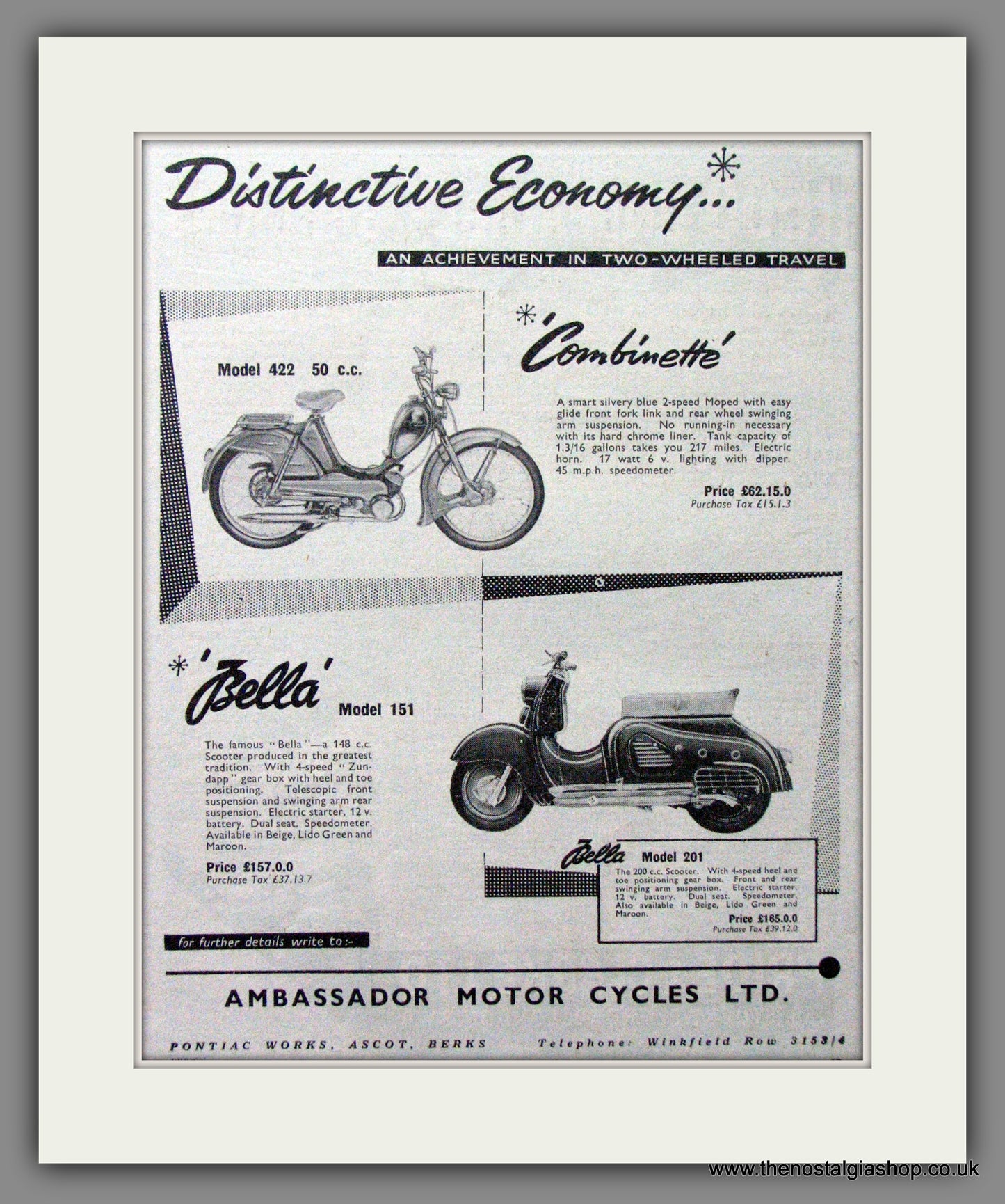 Bella Scooter and Combinette Original Advert 1956 (ref AD54252)
