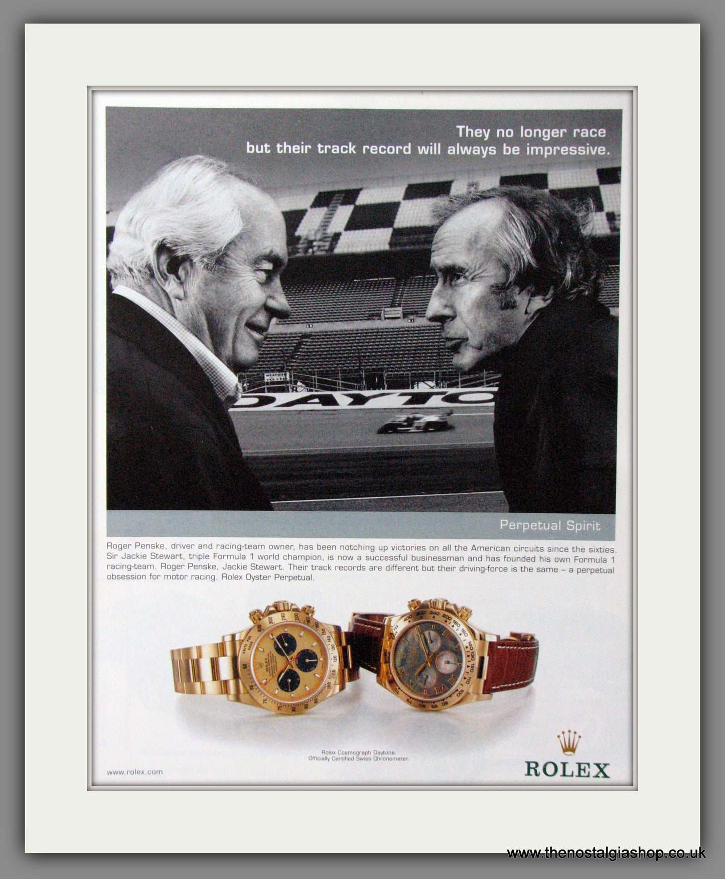 Rolex. Perpetual Spirit. Roger Penske & Jackie Stewart. Original Advert 2002 (ref AD54354)