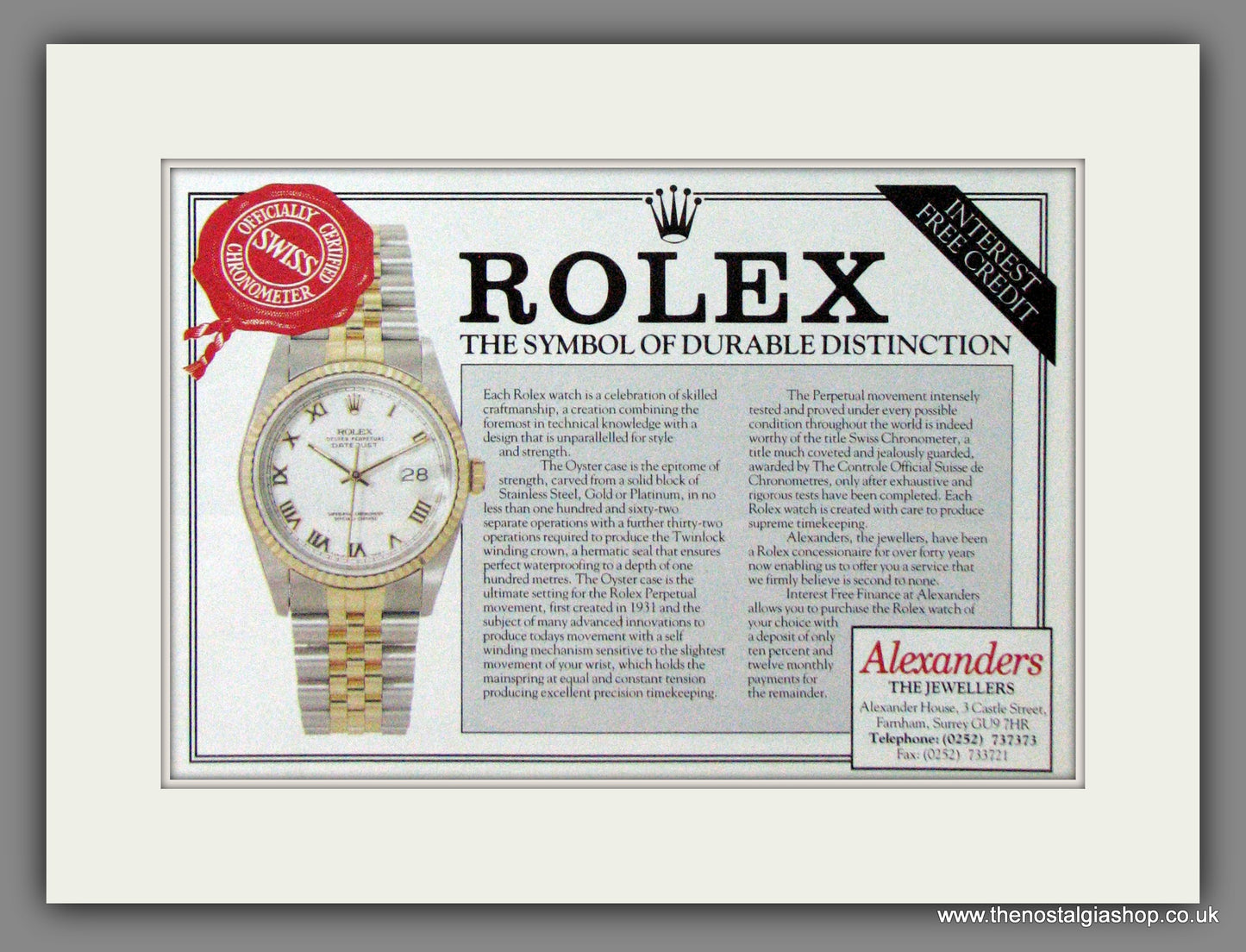 Rolex. Durable Distinction. Original Advert 1991 (ref AD54355)