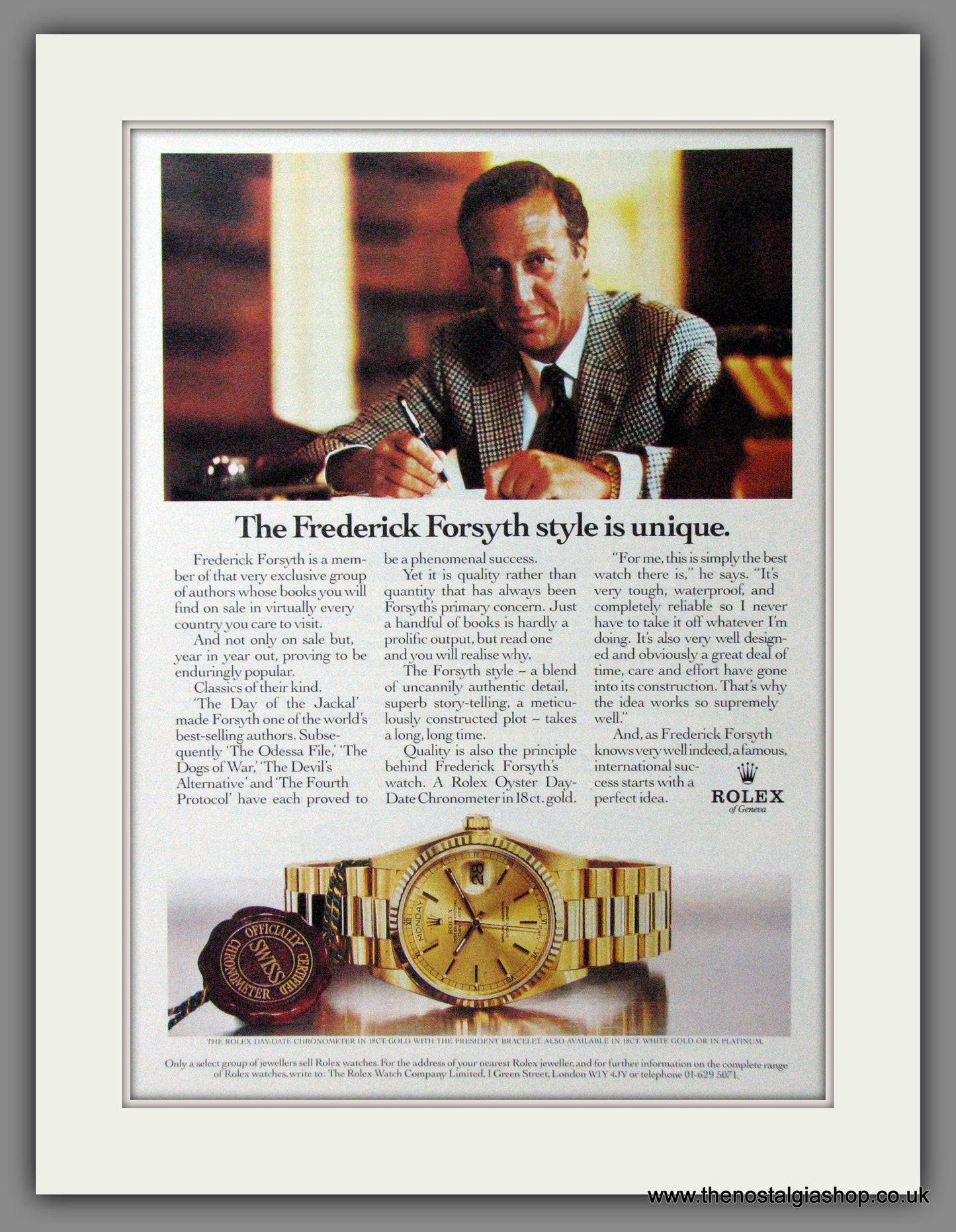 Rolex Oyster Day-Date. Frederick Forsyth. Original Advert 1988 (ref AD54389)