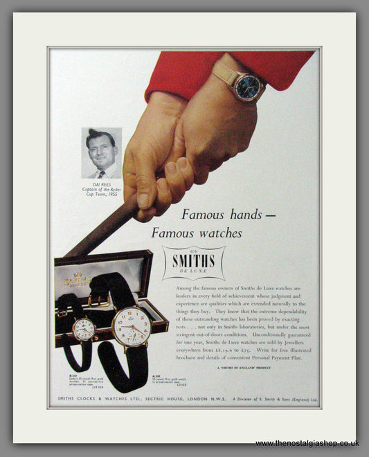 Smiths De Luxe Watches. Dai Rees. Ryder Cup Captain. Original Advert 1956 (ref AD54469)