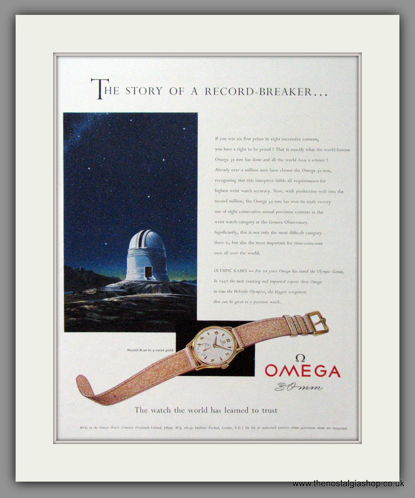 Omega 30mm Watch. Original Advert 1953 (ref AD54403)