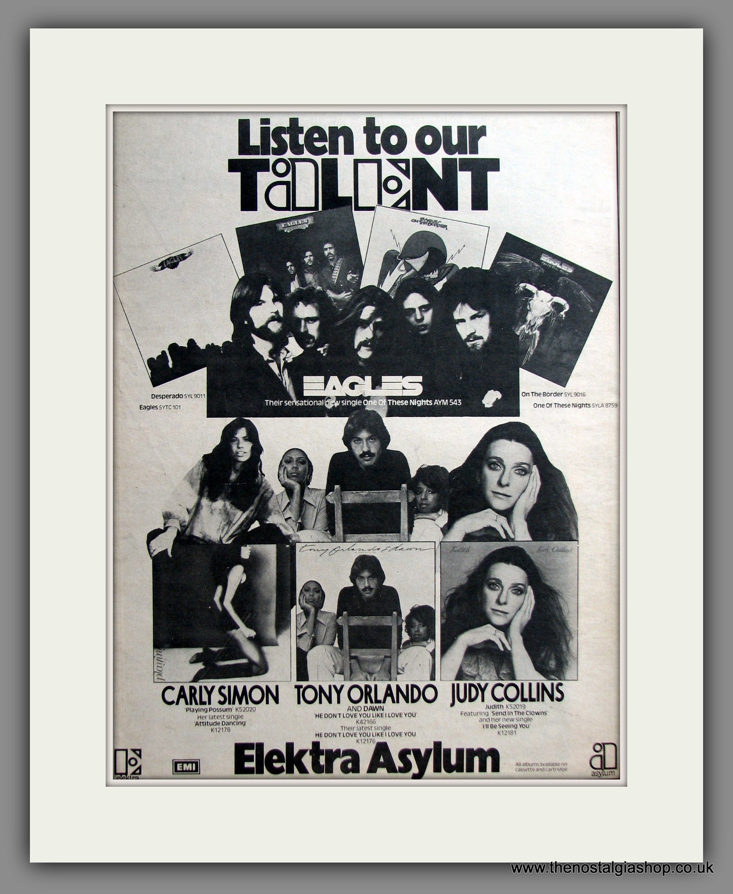 Electra Asylum, Showcasing...The Eagles, Carly Simon. Original Advert 1975 (ref AD11489)