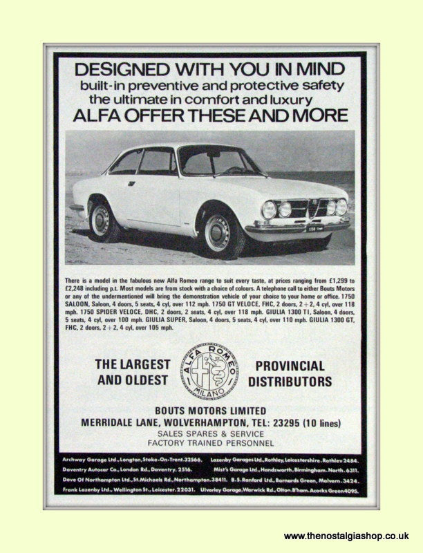Alfa Romeo 1750 Coupe. Bouts Motors.Dealership Original Advert 1968 (ref AD50001)