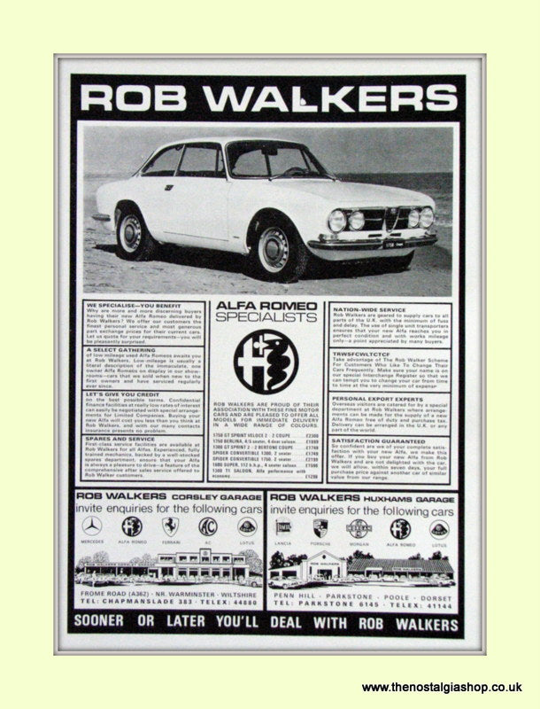 Alfa Romeo Rob Walkers. Dealership Original Advert 1969 (ref AD50005)