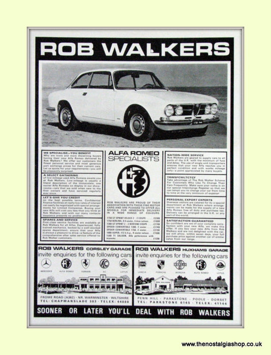 Alfa Romeo Rob Walkers. Dealership Original Advert 1969 (ref AD50005)