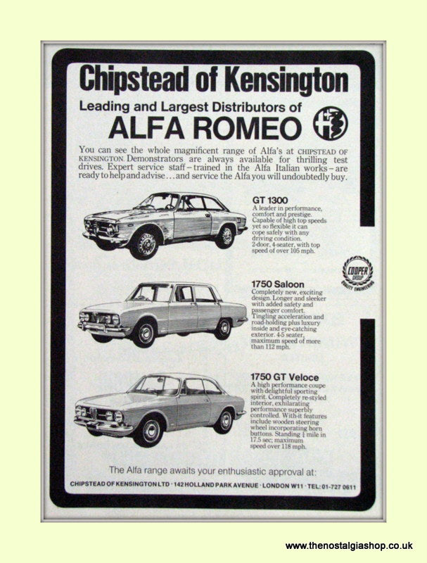 Alfa Romeo Chipstead of Kensington. Dealership Original Advert 1968 (ref AD50006)