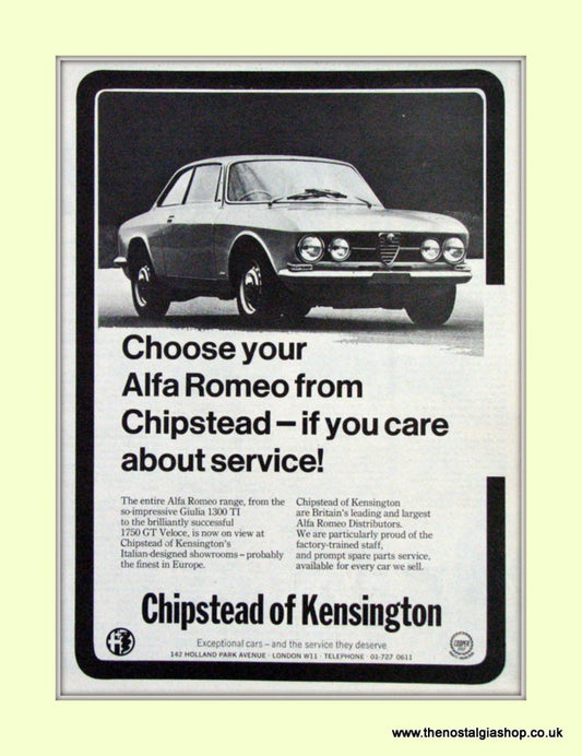 Alfa Romeo Giulia 1300 Ti Chipstead of Kensington. Dealership Original Advert 1969 (ref AD50007)