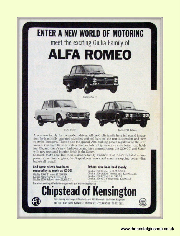 Alfa Romeo 1750 Saloon. Chipstead of Kensington. Dealership Original Advert 1969 (ref AD50009)