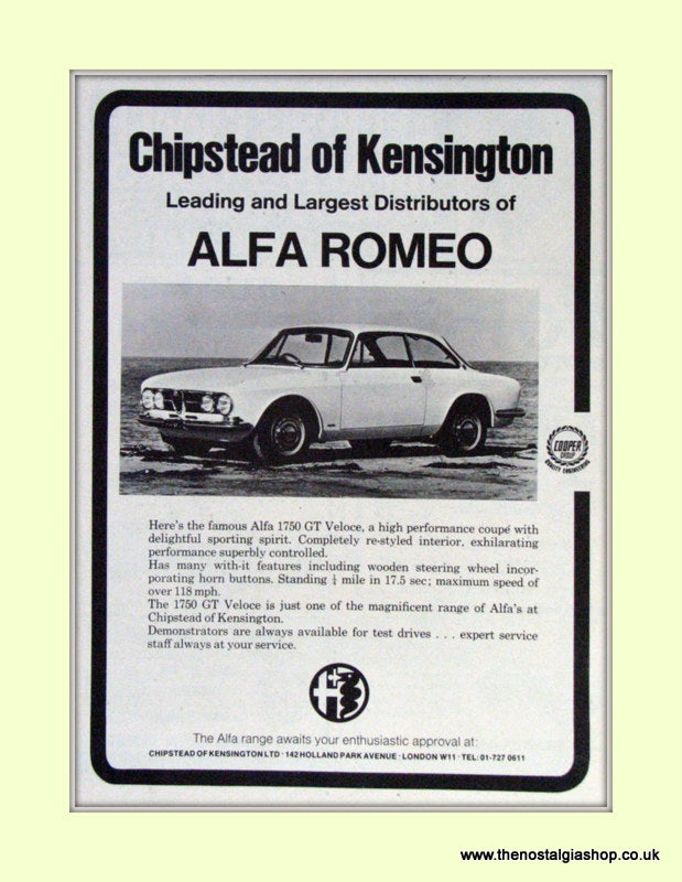 Alfa Romeo 1750 GT Veloce. Chipstead of Kensington. Dealership Original Advert 1968 (ref AD50008)