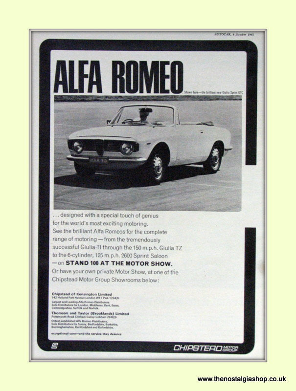 Alfa Romeo Giulia Sprint GTC . Chipstead of Kensington. Dealership Original Advert 1965 (ref AD50011)