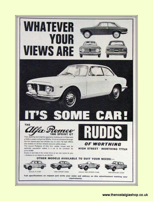 Alfa Romeo 1600 Sprint GT. Rudds of Worthing. Dealership Original Advert 1965 (ref AD50016)