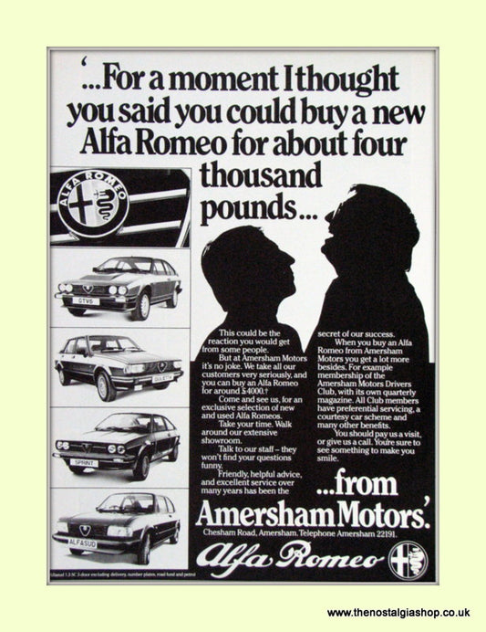 Alfa Romeo Amersham Motors. Dealership Original Advert 1982 (ref AD50013)