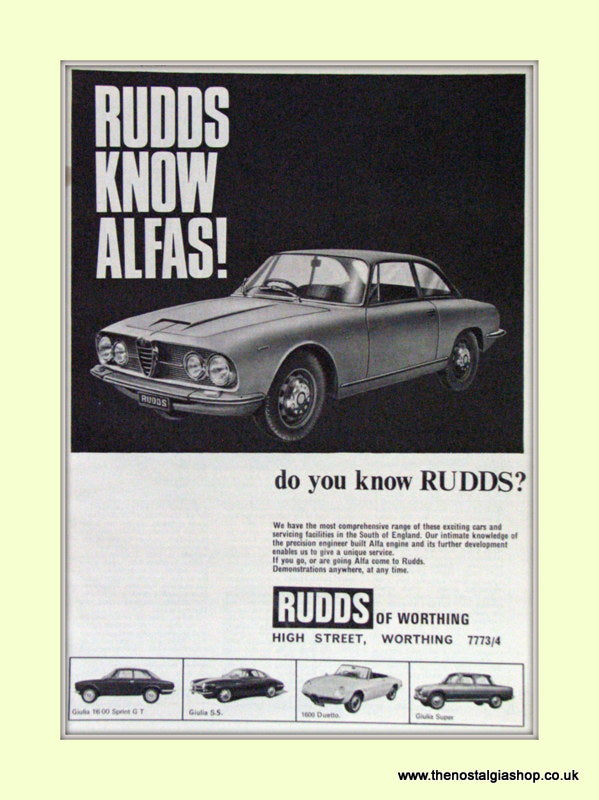 Alfa Romeo. Rudds of Worthing. Dealership Original Advert 1966 (ref AD50017)