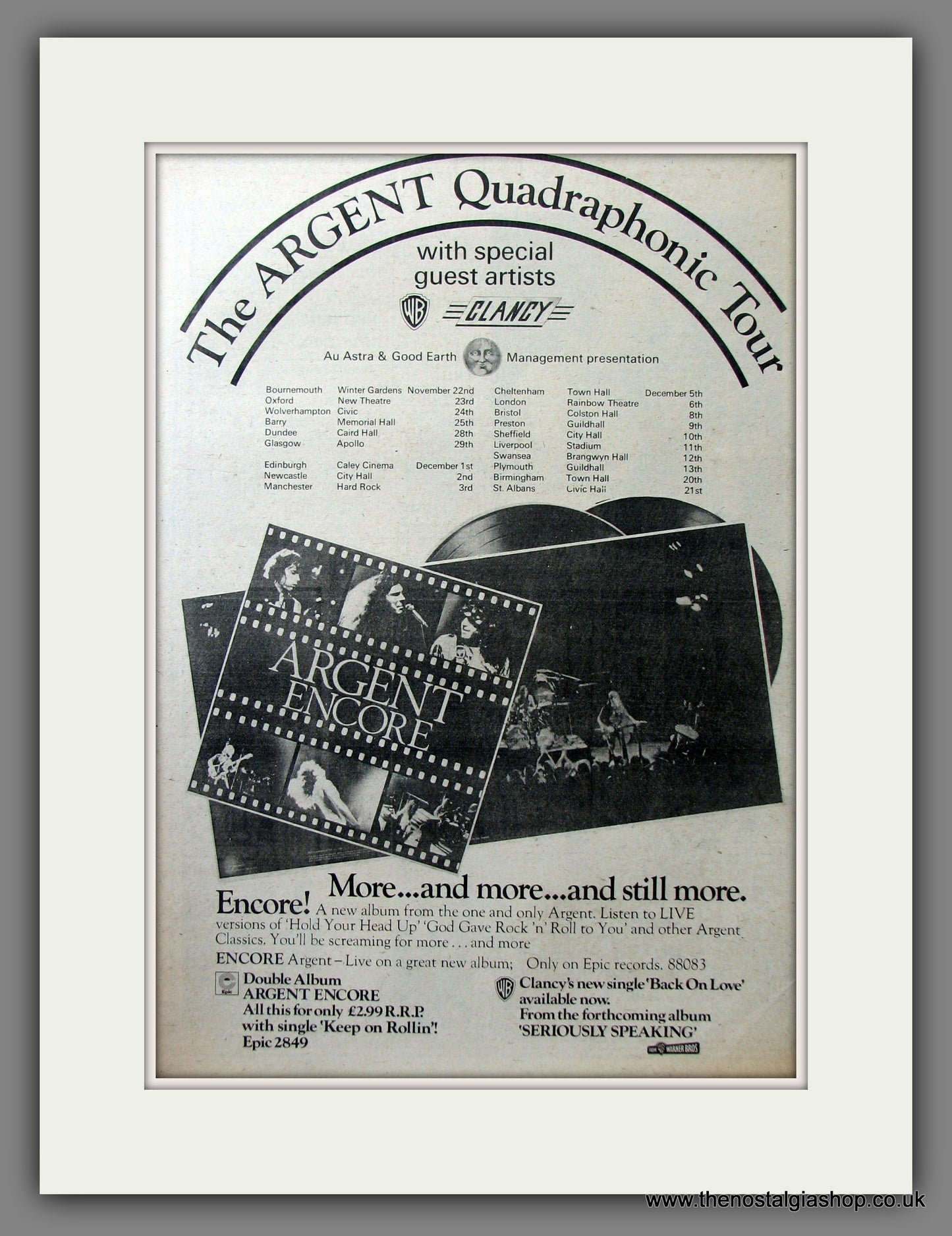 Argent, Encore Tour Dates. Original Advert 1974 (ref AD11619)