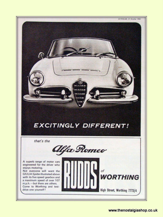 Alfa Romeo. Rudds of Worthing. Dealership Original Advert 1964 (ref AD50018)