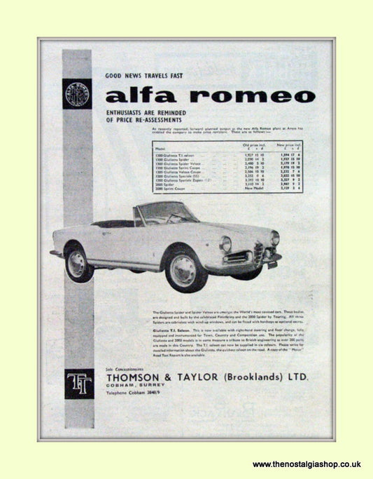 Alfa Romeo Price Re-Assessments. Original Advert 1961 (ref AD50037)