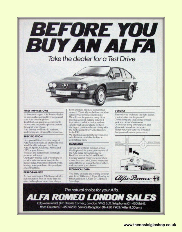 Alfa Romeo London Sales. Original Advert 1985 (ref AD50071)