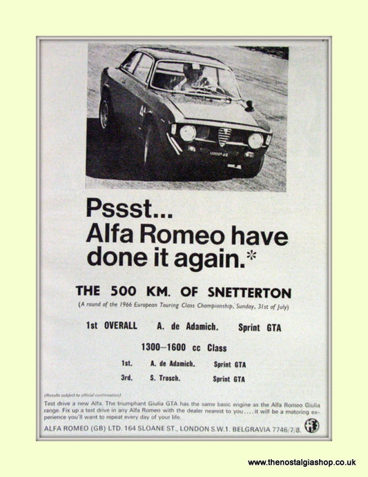 Alfa Romeo. A. De Adamich, Snetterton race winner. Original Advert 1966 (ref AD50089)