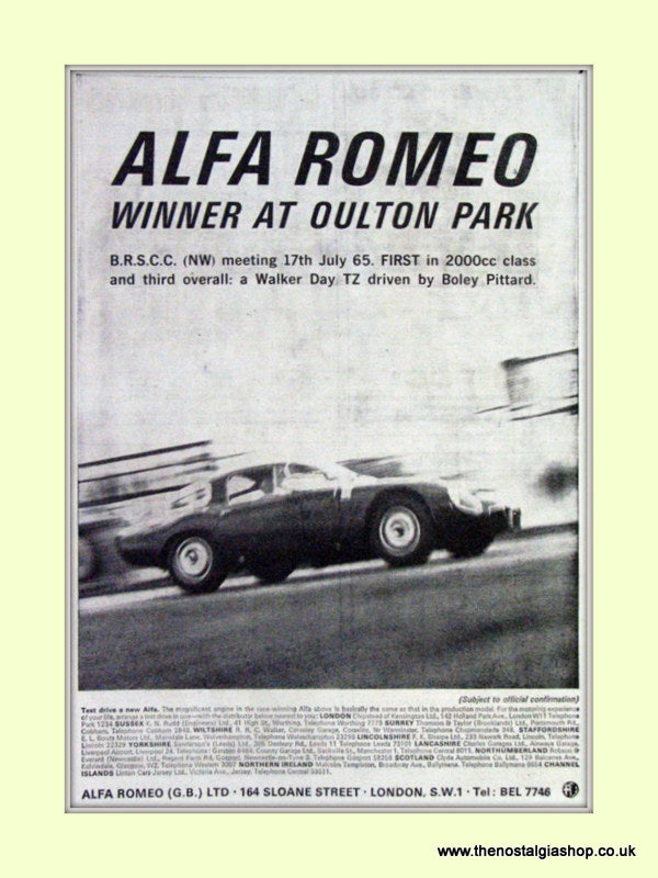 Alfa Romeo. Giulia TZ. Oulton Park Race winner. Original Advert 1965 (ref AD50093)