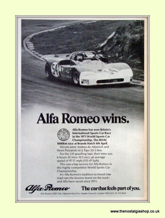 Alfa Romeo Tipo 33. Wins Britain's International Sports Car Race. Original Advert 1971 (ref AD50094)