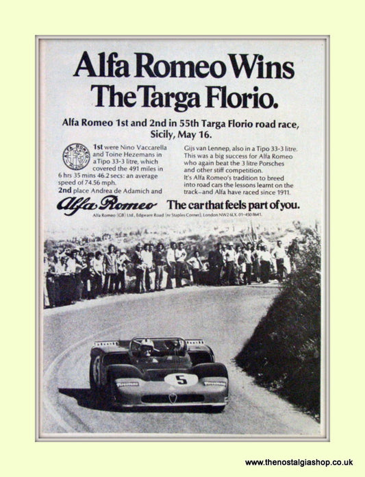 Alfa Romeo Tipo 33. Wins Targa Florio. Original Advert 1971 (ref AD50095)