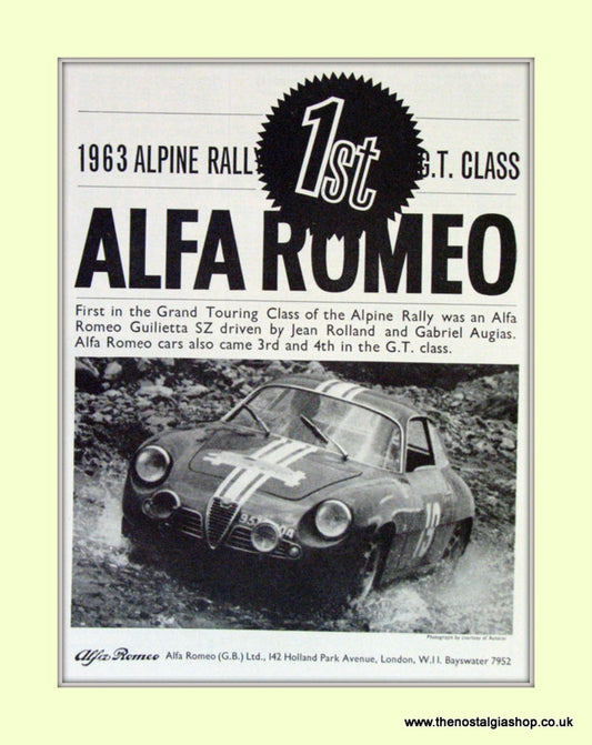 Alfa Romeo Guilietta SZ wins Alpine Rally. Original Advert 1963 (ref AD50096)