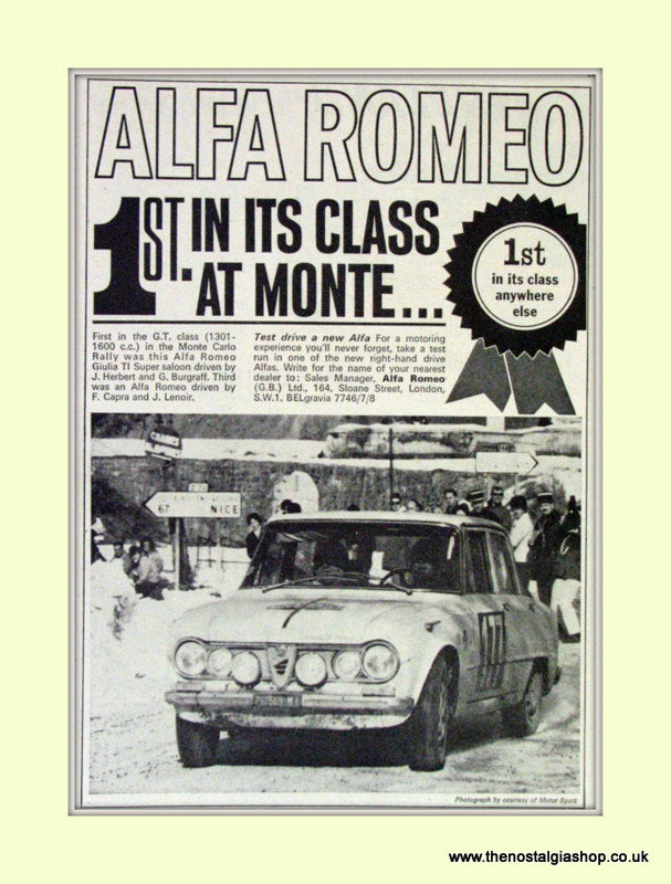 Alfa Romeo Giulia Ti wins at Monte Carlo Rally. Original Advert 1964 (ref AD50097)