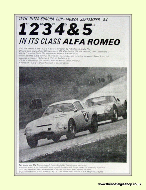 Alfa Romeo Giulia TZ Inter-Europa Cup, Monza. Original Advert 1964 (ref AD50100)