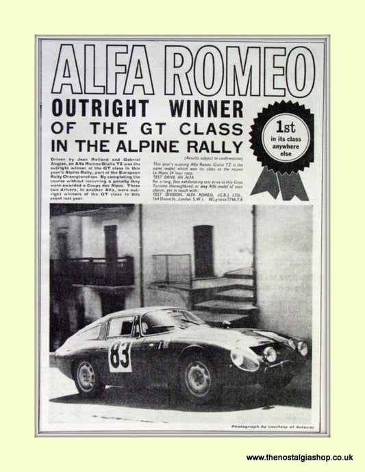 Alfa Romeo Giulia TZ wins Alpine Rally. Original Advert 1964 (ref AD50099)