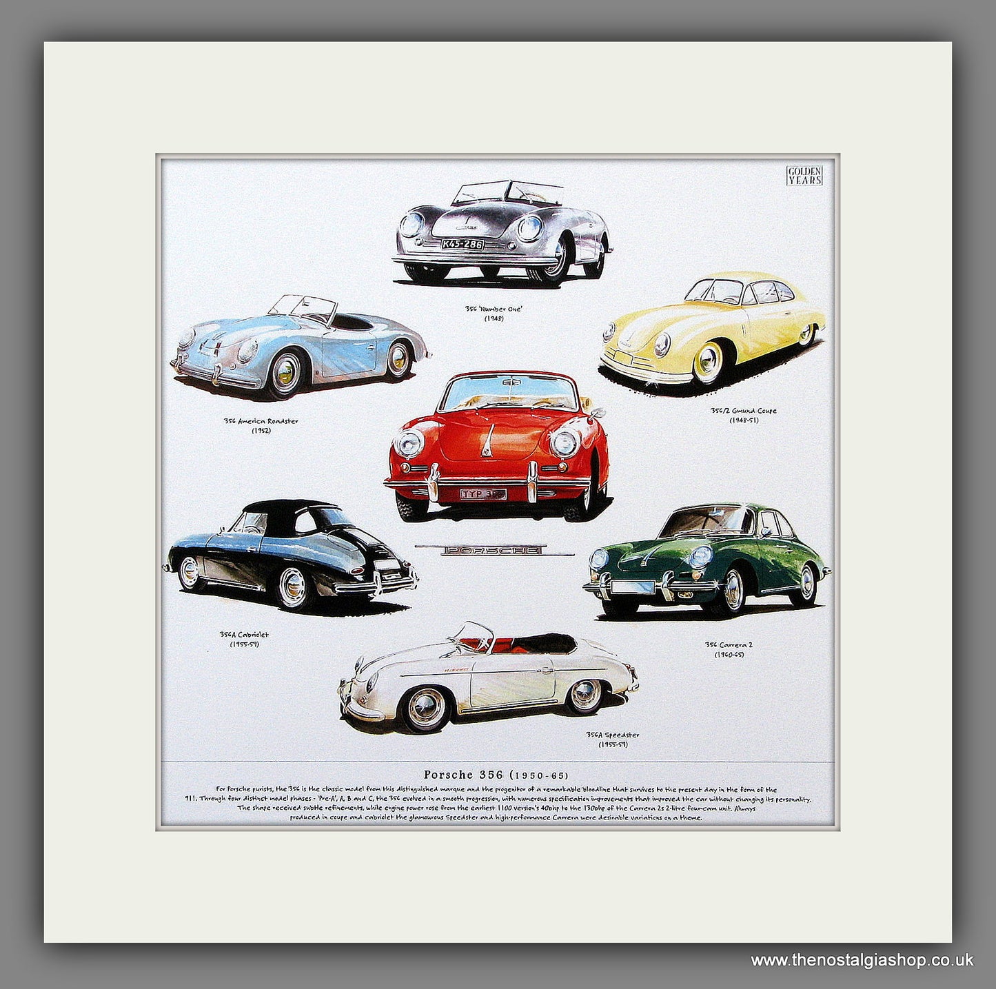 Porsche 356. 1950 - 1965 Mounted Print.