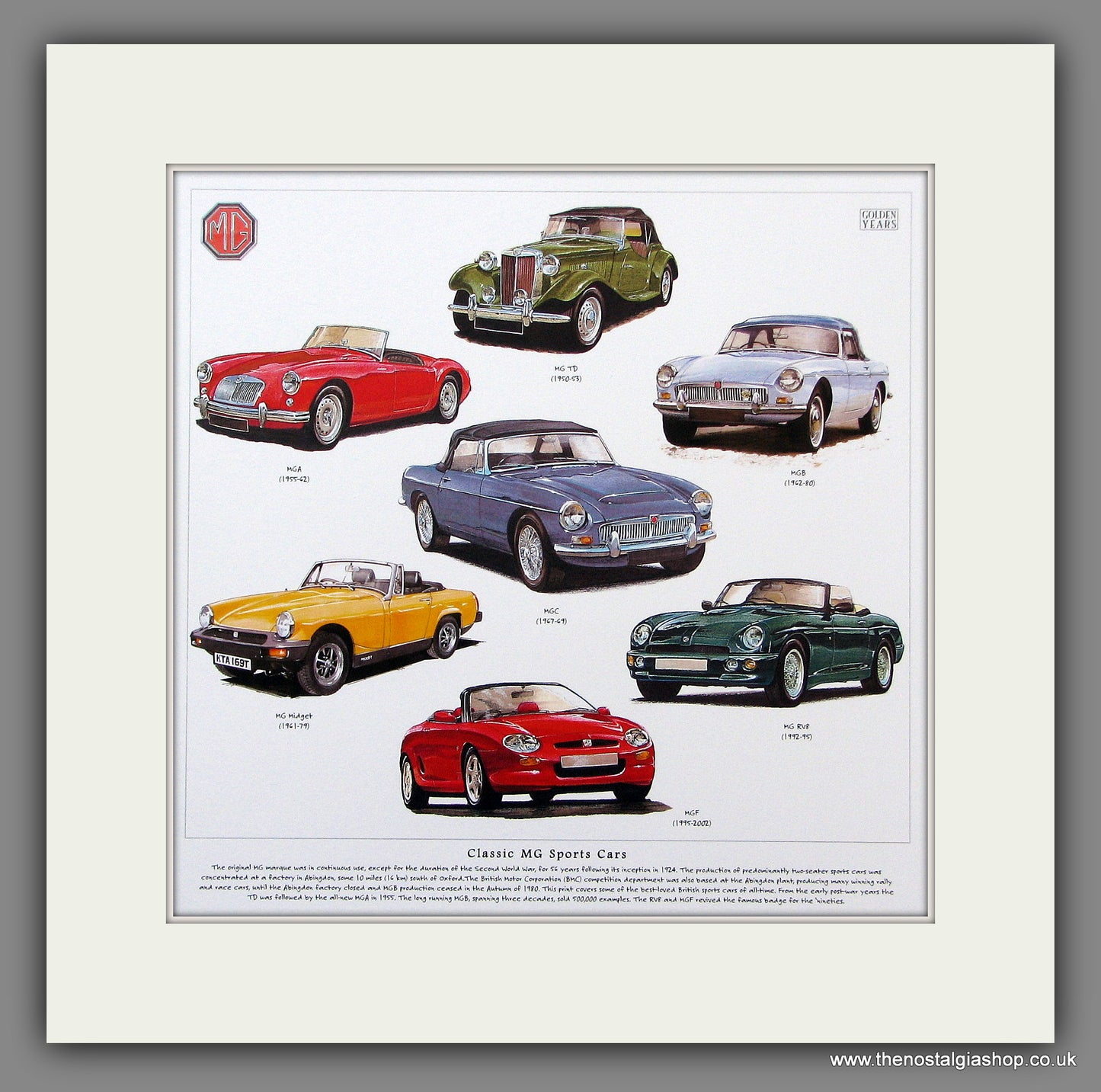 MG Sports Cars. Mounted Print.
