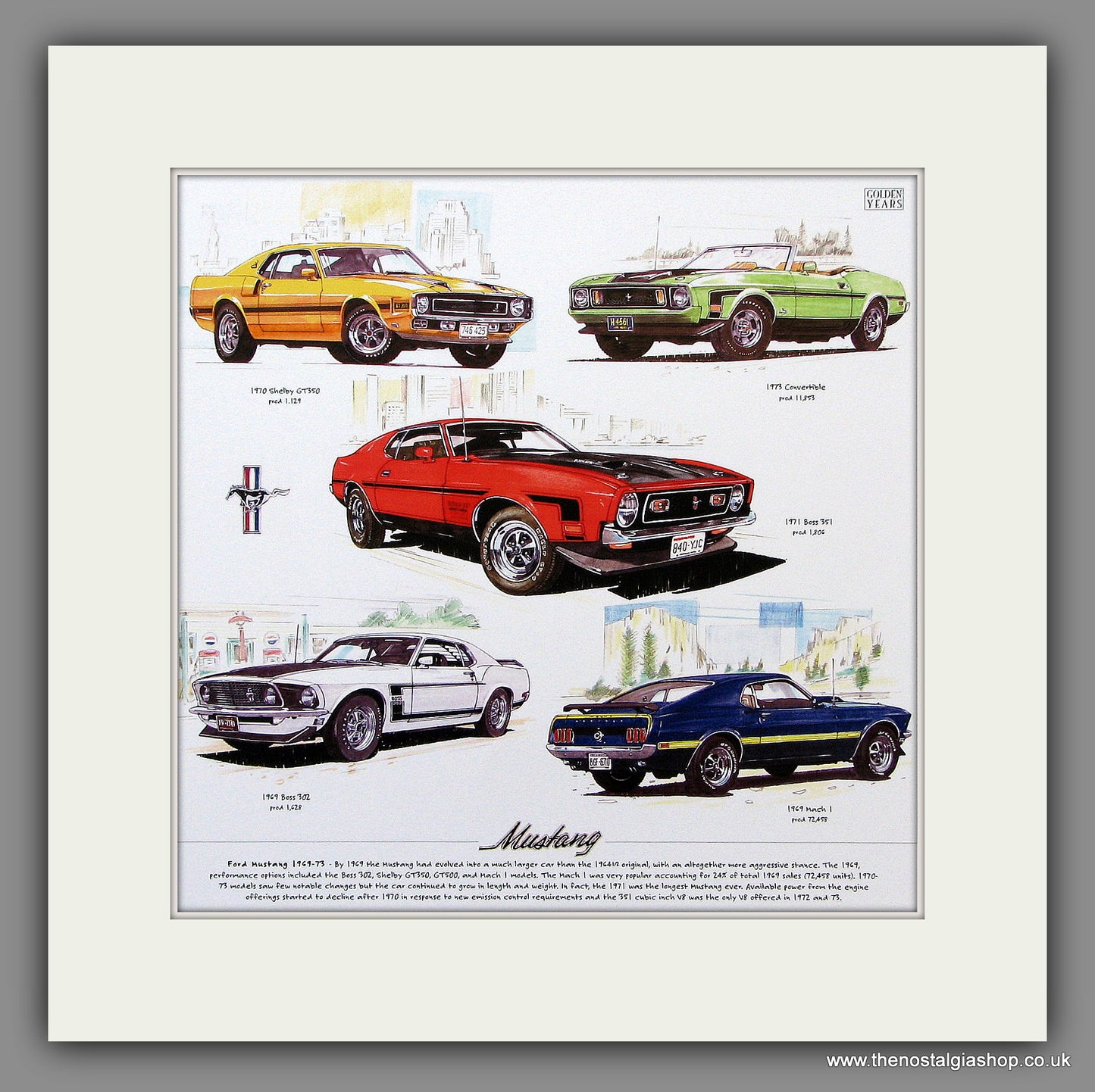 Mustang Classics 1969-1973. Mounted Car Print