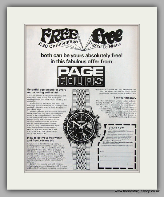 Chronosport Astrochrono Watches  - Le Mans Tour  Original Advert 1972 (ref AD6890)