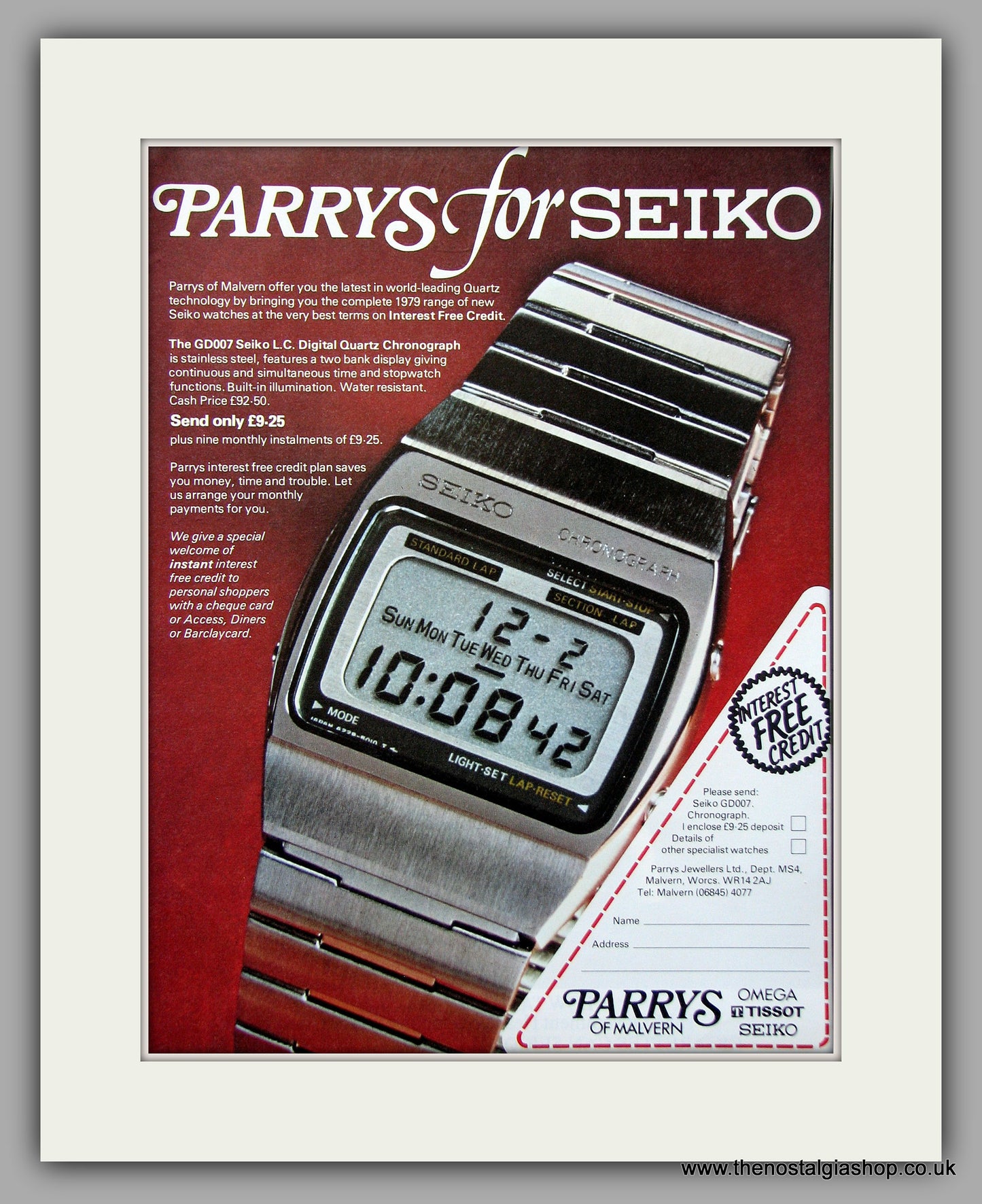 Parrys Seiko GD007 L.C.Digital Quartz Chronograph Watche Original Advert 1979 (ref AD6896)