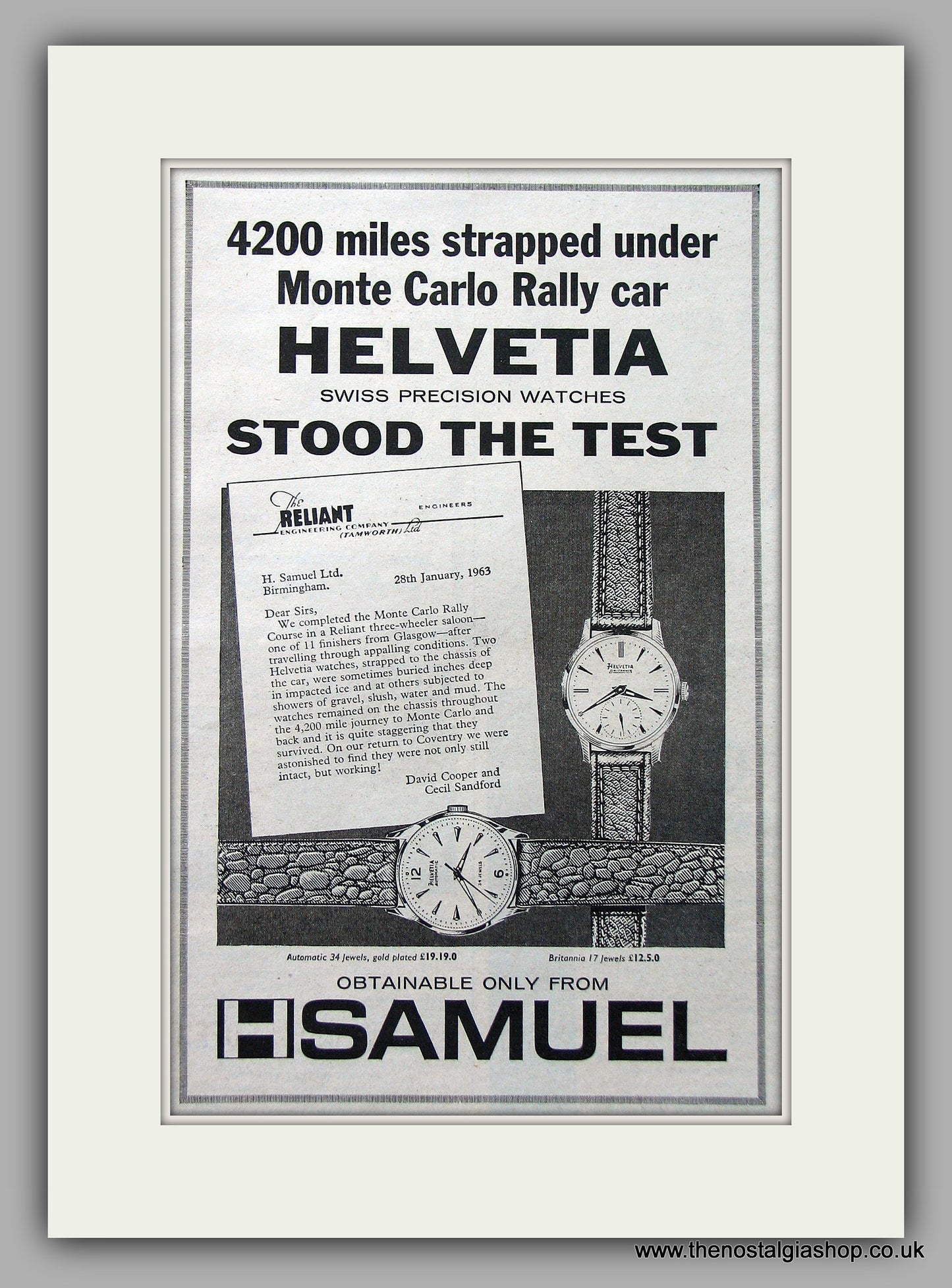 H Samuel Helvetia Watches Monte Carlo Rally Original Advert 1963 (ref AD6929)