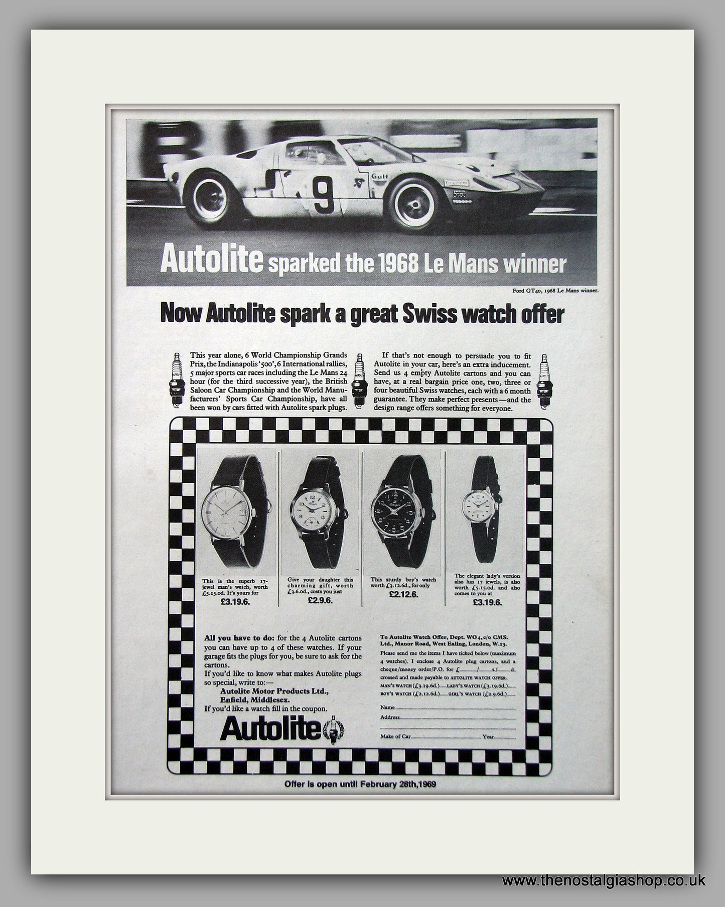 Swiss Watch Offer With Autolite Original Advert 1969 (ref AD6933)